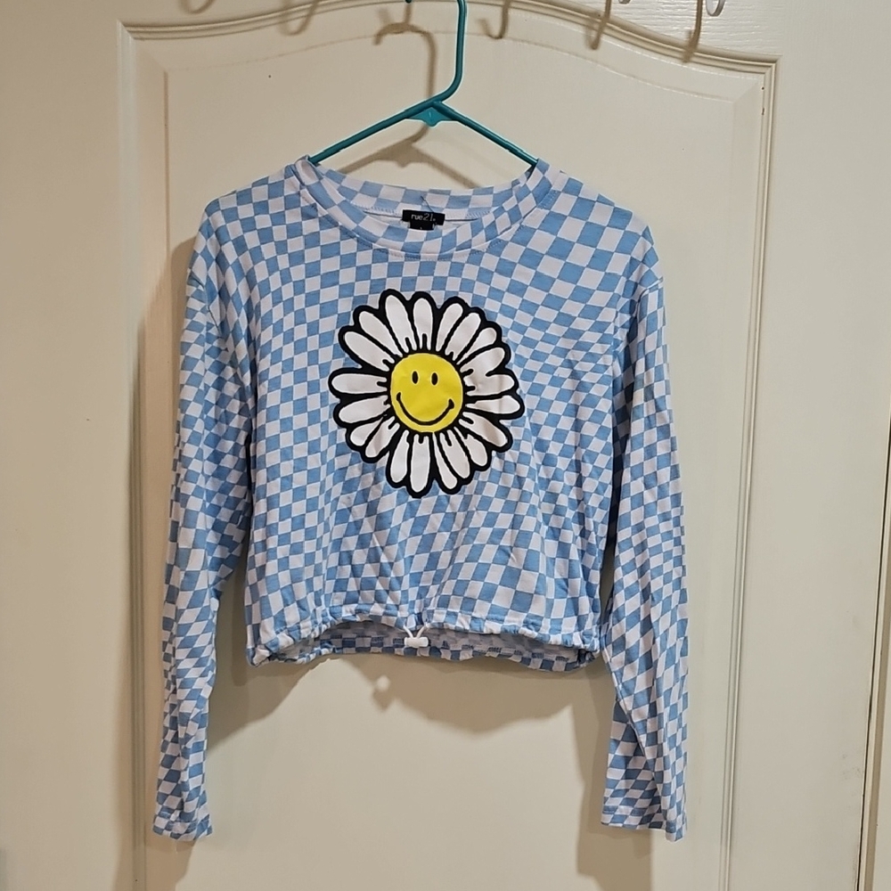 Rue21 Blue Checkered Long Sleeve with Smiley Daisy
